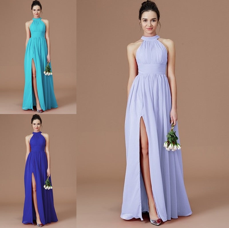 A-Line/Princess Halter Sleeveless Floor-Length Ruched Chiffon Bridesmaid Dresses