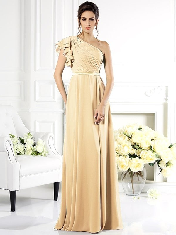 Sleeveless One-Shoulder Ruffles A-Line/Princess Long Chiffon Bridesmaid Dresses