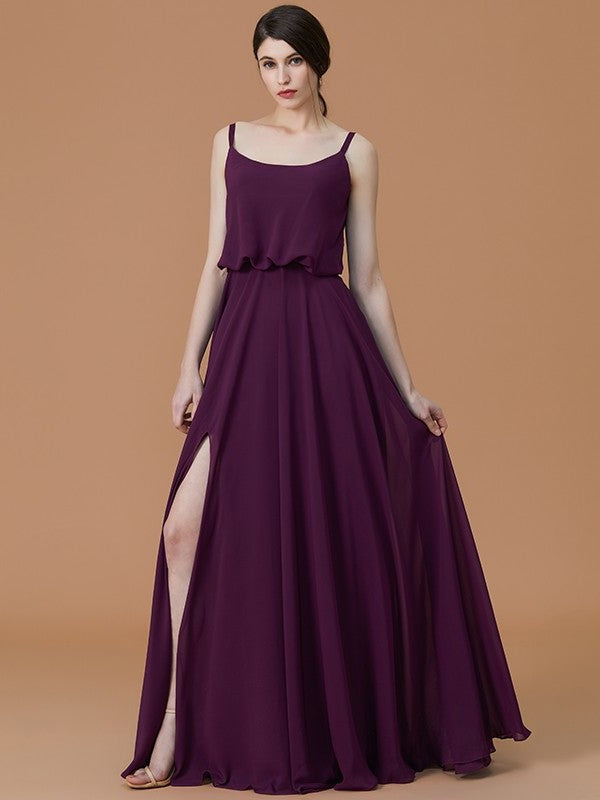 Floor-Length Ruffles Sleeveless A-Line/Princess Straps Spaghetti Chiffon Bridesmaid Dresses