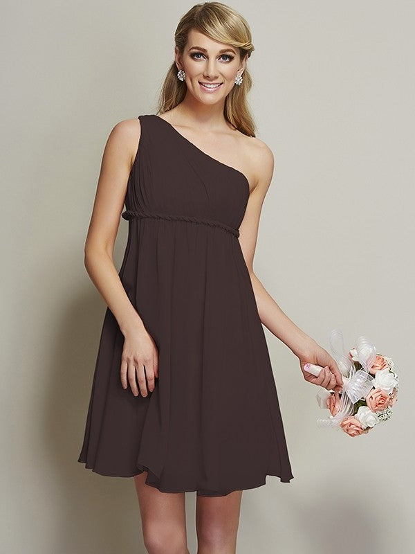 A-Line/Princess One-Shoulder Short Sash/Ribbon/Belt Sleeveless Chiffon Bridesmaid Dresses