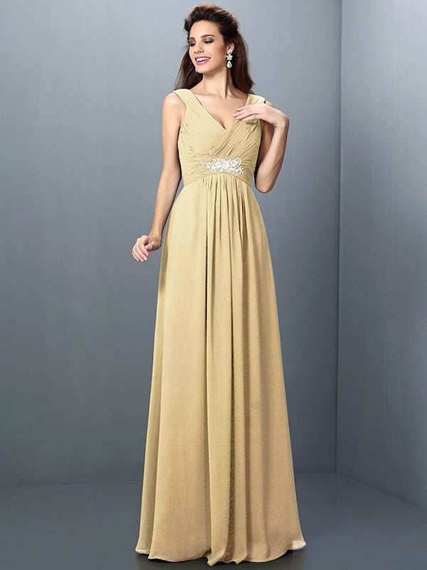 Long Sleeveless V-neck Pleats Beading A-Line/Princess Chiffon Bridesmaid Dresses