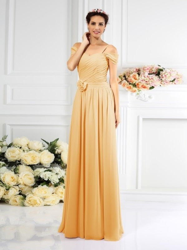 Sleeveless Long Straps Pleats A-Line/Princess Spaghetti Chiffon Bridesmaid Dresses