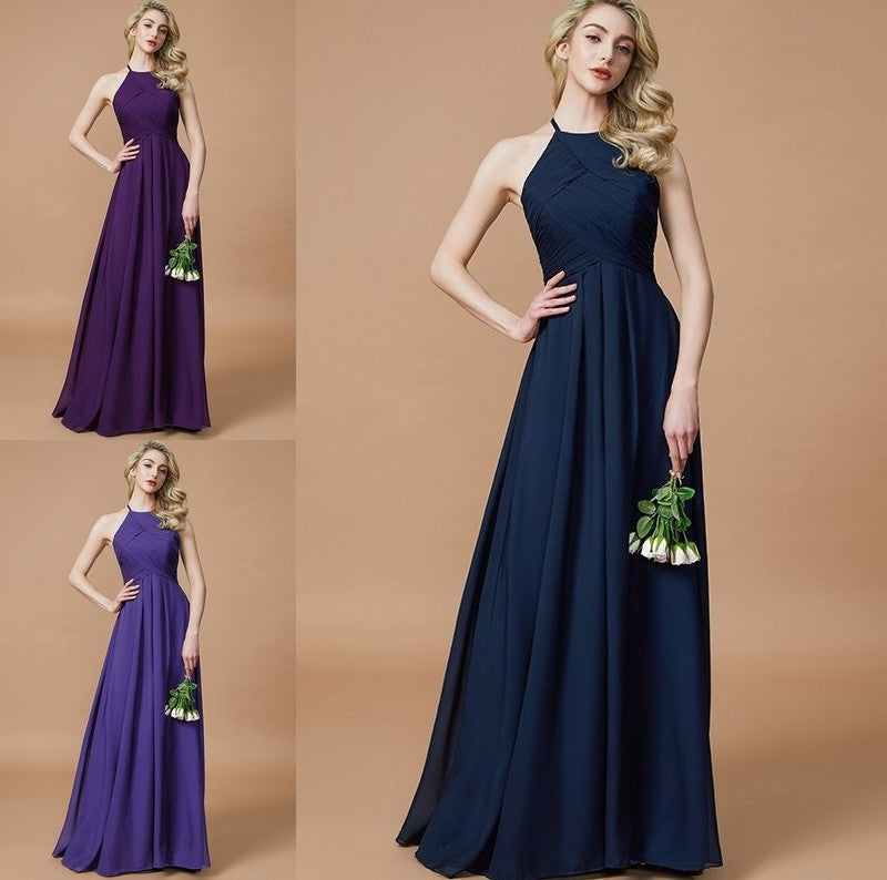 Sleeveless Ruched Floor-Length Halter A-Line/Princess Chiffon Bridesmaid Dresses