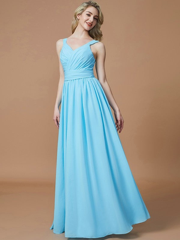 V-neck Floor-Length Chiffon A-Line/Princess Sleeveless Bridesmaid Dresses