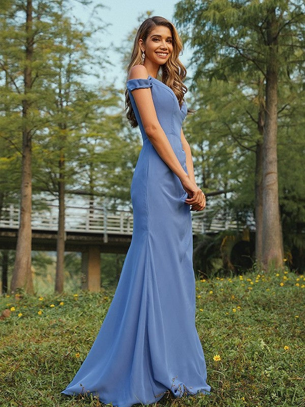 Ruched Sleeveless Chiffon V-neck Sheath/Column Floor-Length Bridesmaid Dresses