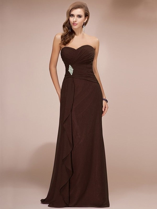 Sheath/Column Long Sweetheart Sleeveless Ruffles Beading Chiffon Bridesmaid Dresses