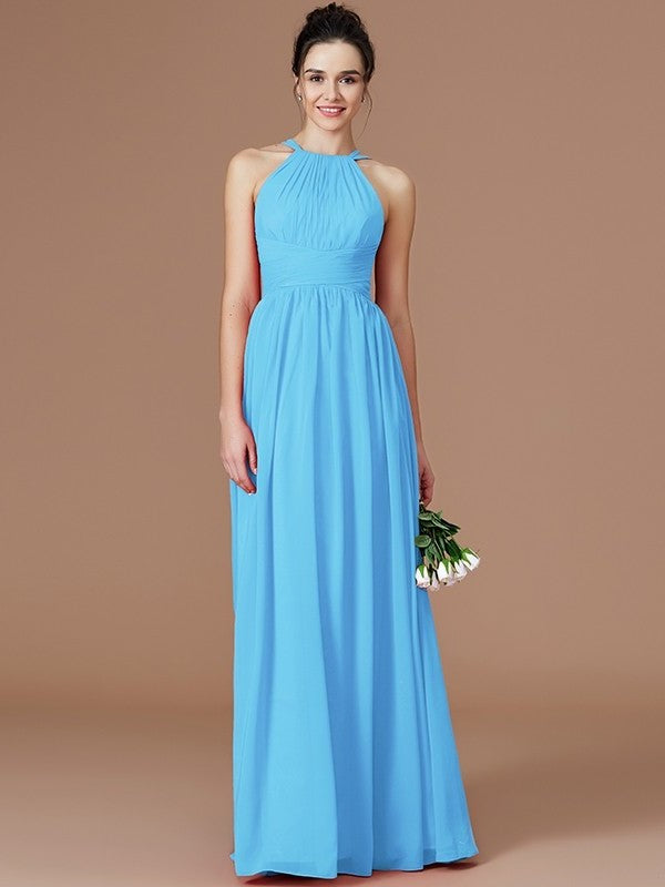 A-Line/Princess Floor-Length Ruched Sleeveless Halter Chiffon Bridesmaid Dresses