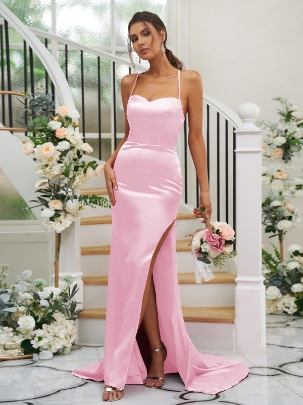 Woven Sweep/Brush Sleeveless Ruched Elastic Satin Sheath/Column Square Train Bridesmaid Dresses