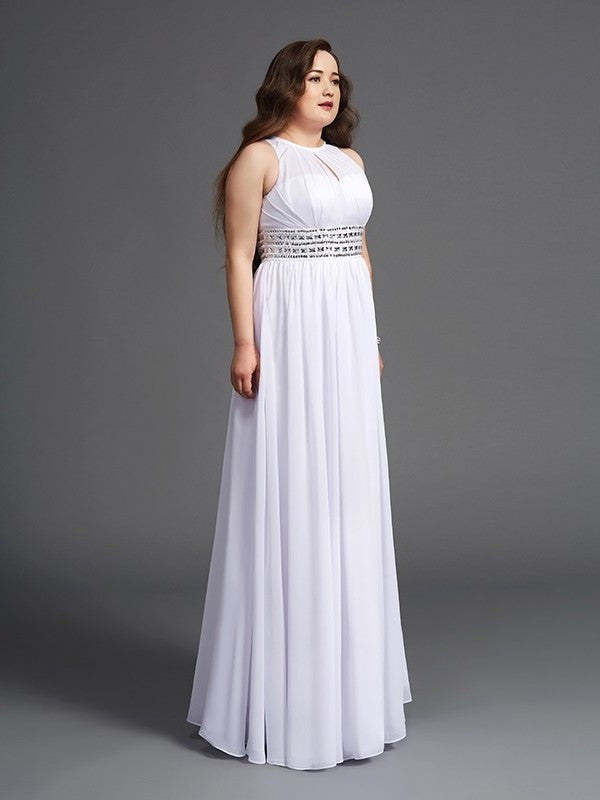 Sleeveless Chiffon Long Beading A-Line/Princess Jewel Plus Size Dresses