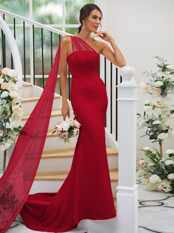 Sleeveless Stretch One-Shoulder Sweep/Brush Ruched Crepe Sheath/Column Train Bridesmaid Dresses