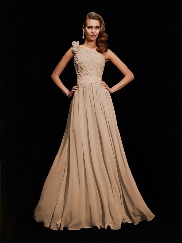 A-Line/Princess Hand-Made Sleeveless Flower One-Shoulder Long Chiffon Bridesmaid Dresses