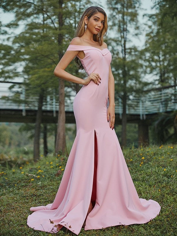 Ruched Sheath/Column Sleeveless Off-the-Shoulder Stretch Crepe Sweep/Brush Train Bridesmaid Dresses