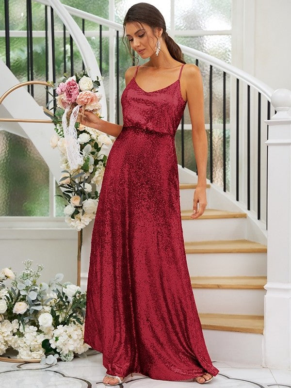 Ruched Sequins Sleeveless A-Line/Princess Straps Floor-Length Bridesmaid Dresses