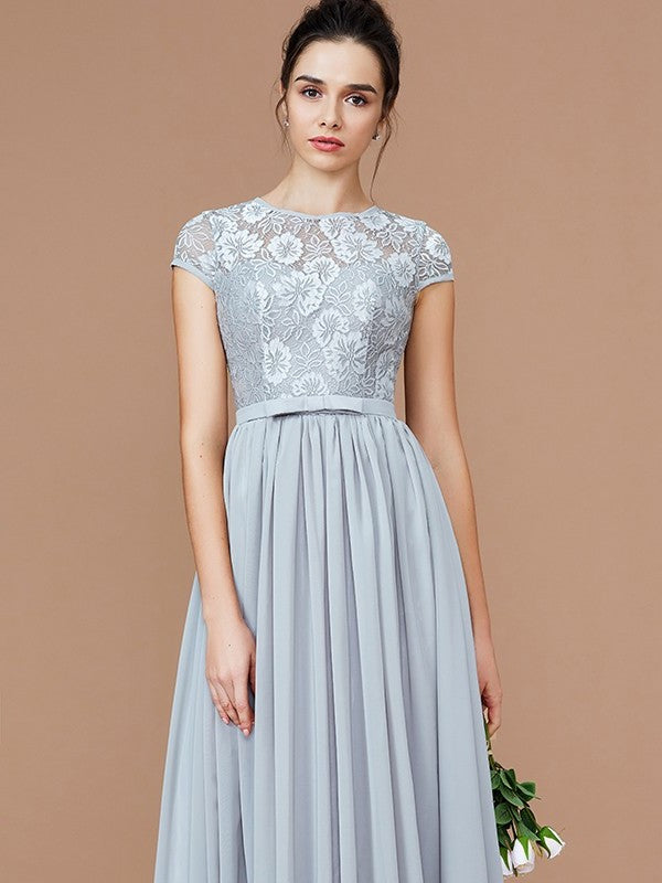 Lace A-Line/Princess Sleeves Short Jewel Floor-Length Chiffon Bridesmaid Dresses