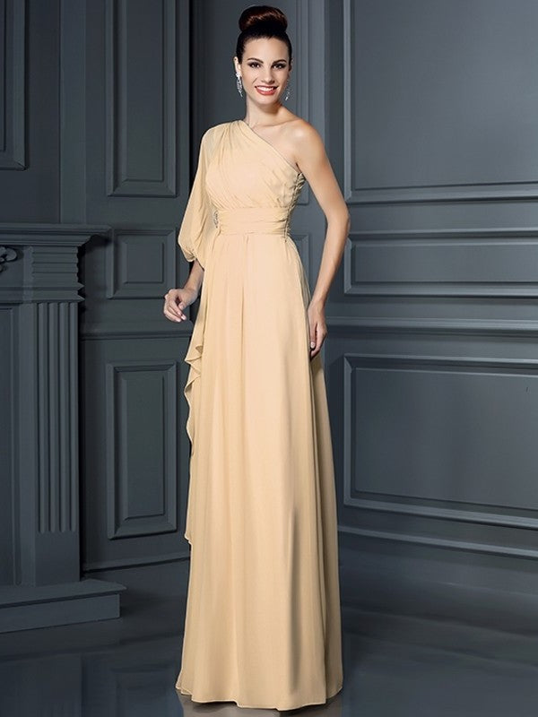 Long One-Shoulder Sleeves 3/4 Sheath/Column Chiffon Bridesmaid Dresses