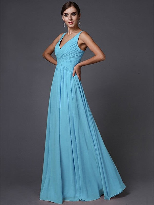 A-Line/Princess Ruffles V-neck Sleeveless Long Chiffon Bridesmaid Dresses