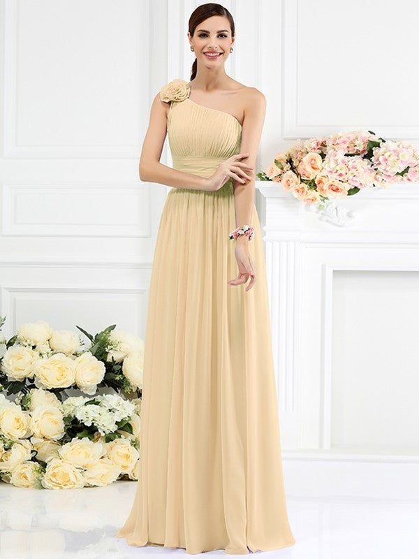 A-Line/Princess Flower Sleeveless One-Shoulder Long Pleats Hand-Made Chiffon Bridesmaid Dresses