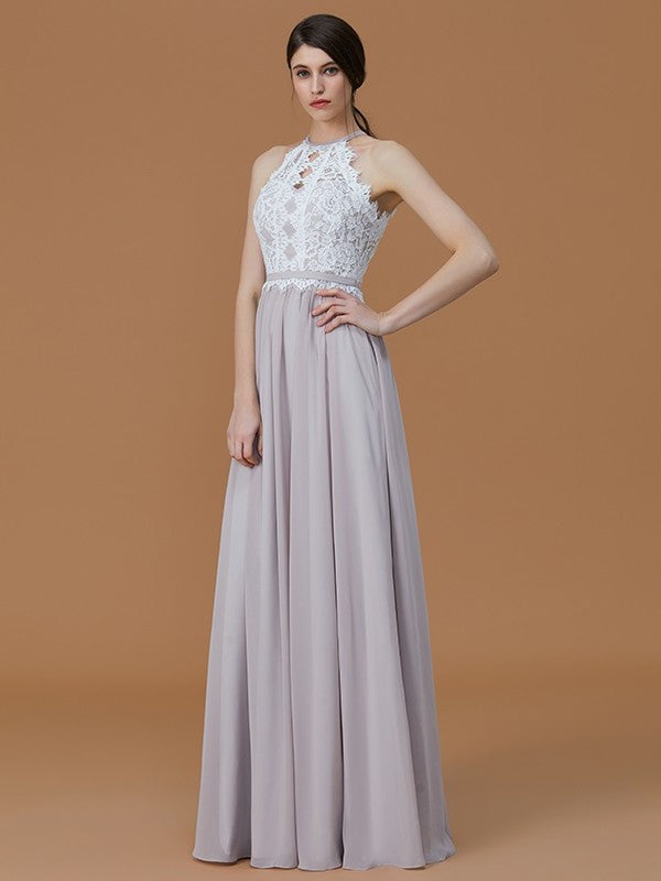 Lace Halter Floor-Length A-Line/Princess Sleeveless Chiffon Bridesmaid Dresses