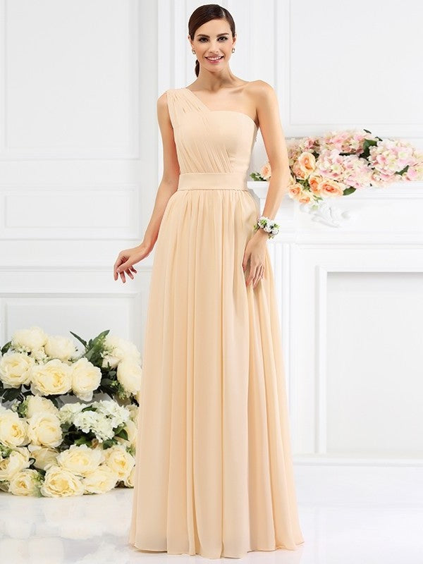 One-Shoulder Pleats A-Line/Princess Long Sleeveless Chiffon Bridesmaid Dresses