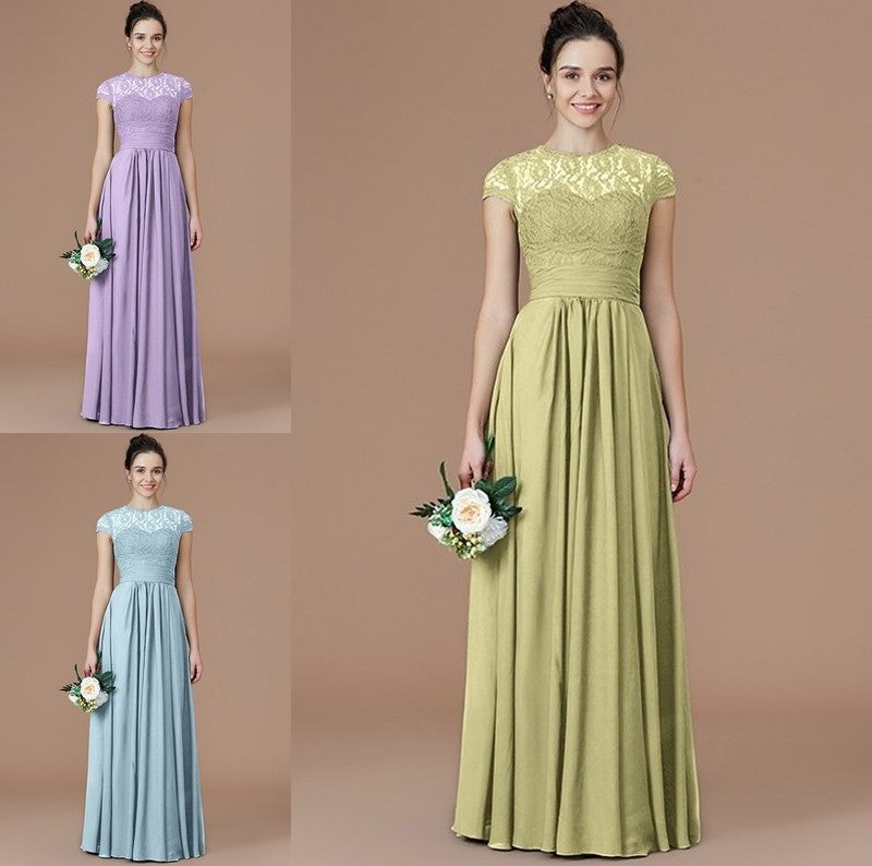 Floor-Length Sleeves Lace A-Line/Princess Short Jewel Chiffon Bridesmaid Dresses