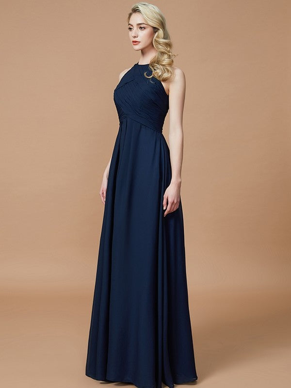 Sleeveless Ruched Floor-Length Halter A-Line/Princess Chiffon Bridesmaid Dresses