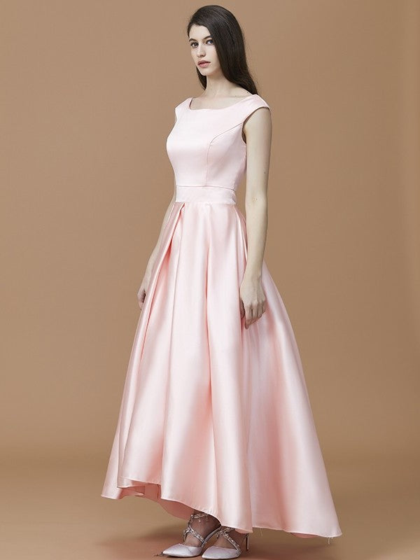 Asymmetrical Sleeveless A-Line/Princess Ruffles Bateau Satin Bridesmaid Dresses