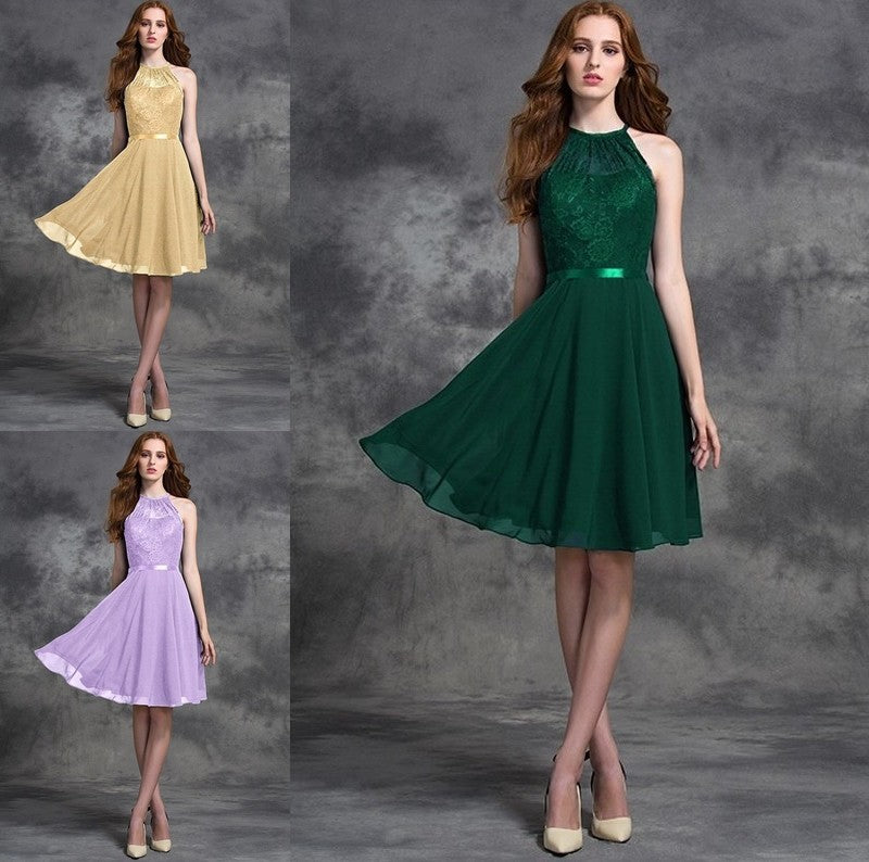 Short Lace A-line/Princess Sleeveless Halter Chiffon Bridesmaid Dresses