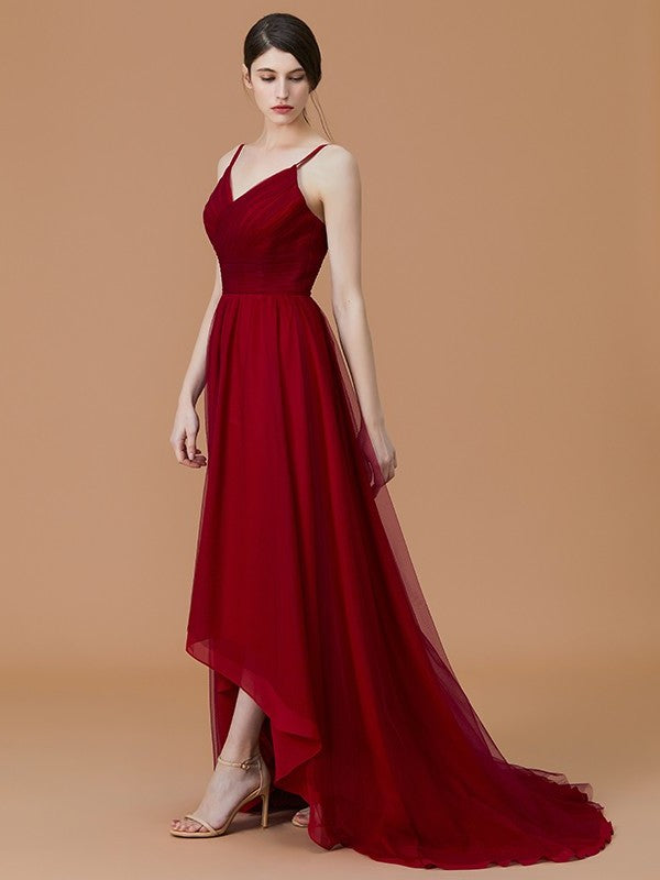 Ruffles Sleeveless Asymmetrical Spaghetti A-Line/Princess Straps Chiffon Bridesmaid Dresses