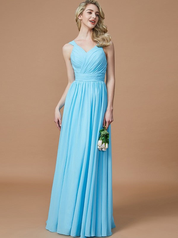 V-neck Floor-Length Chiffon A-Line/Princess Sleeveless Bridesmaid Dresses