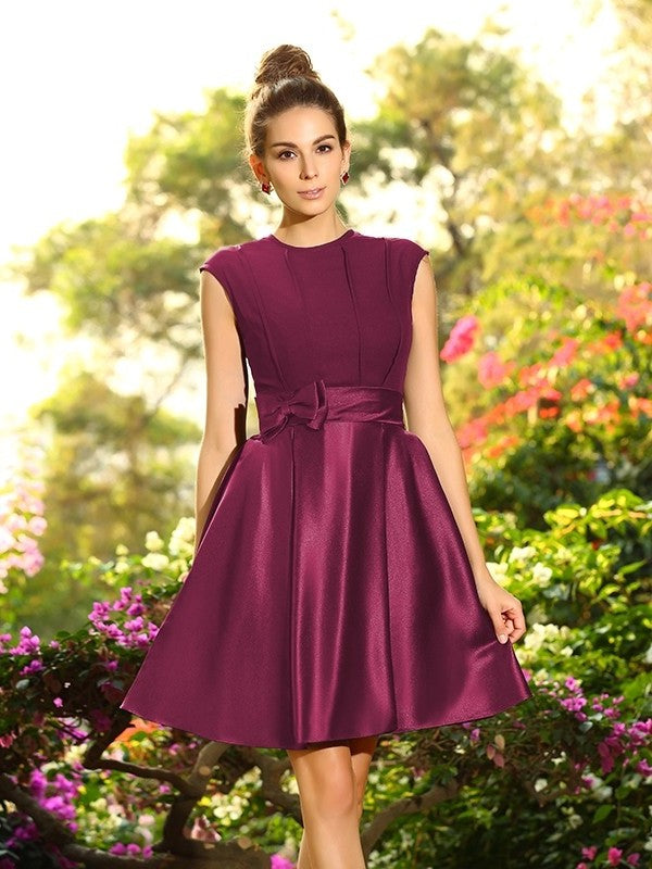 Sleeveless Short Neck Bowknot A-Line/Princess High Satin Bridesmaid Dresses