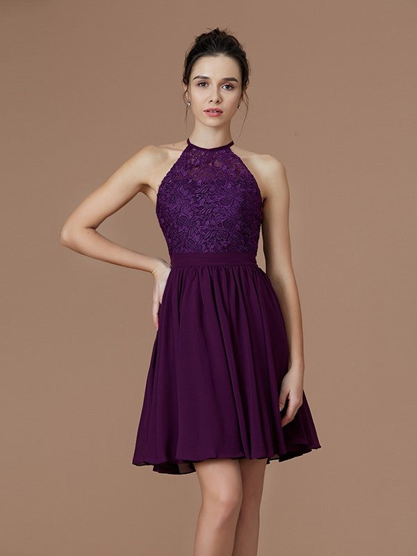 Short/Mini A-Line/Princess Sleeveless Halter Lace Chiffon Bridesmaid Dresses