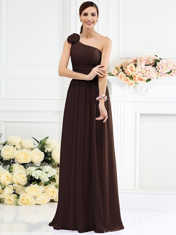 A-Line/Princess Flower Sleeveless One-Shoulder Long Pleats Hand-Made Chiffon Bridesmaid Dresses