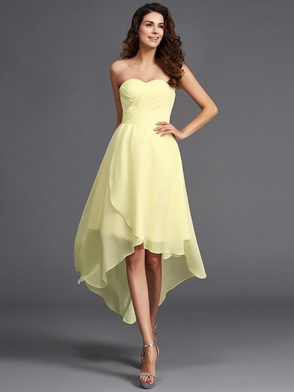 Sweetheart Low High Ruffles A-Line/Princess Sleeveless Chiffon Bridesmaid Dresses