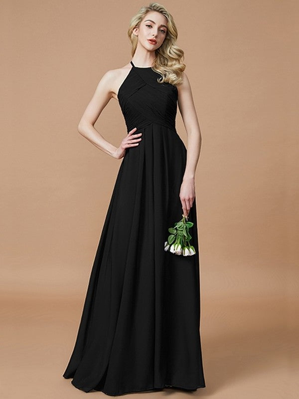 Sleeveless Ruched Floor-Length Halter A-Line/Princess Chiffon Bridesmaid Dresses