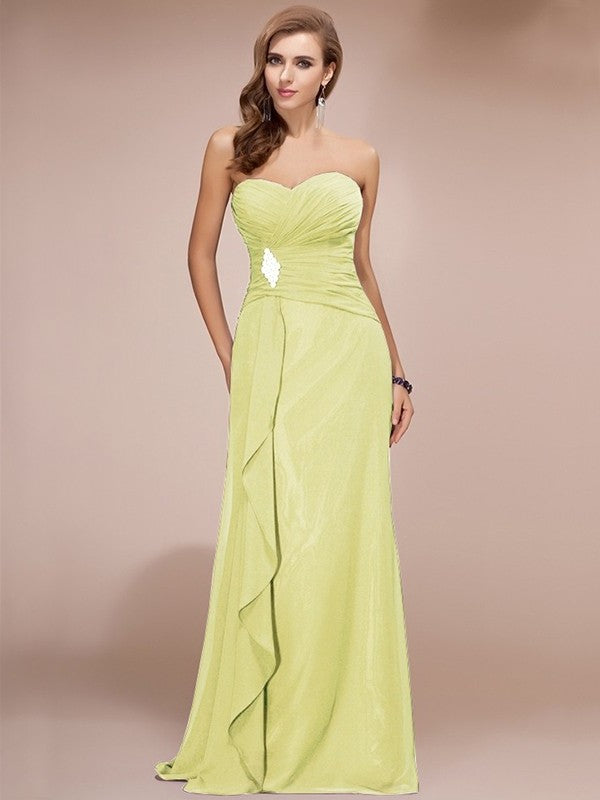 Sheath/Column Long Sweetheart Sleeveless Ruffles Beading Chiffon Bridesmaid Dresses