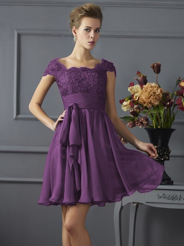 Sleeves Scoop A-Line/Princess Lace Short Short Chiffon Bridesmaid Dresses