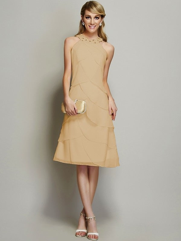 Bateau Short Sheath/Column Beading Sleeveless Chiffon Bridesmaid Dresses