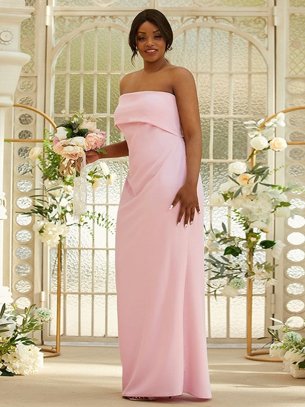 Sleeveless Sheath/Column Crepe Stretch Ruched One-Shoulder Floor-Length Bridesmaid Dresses