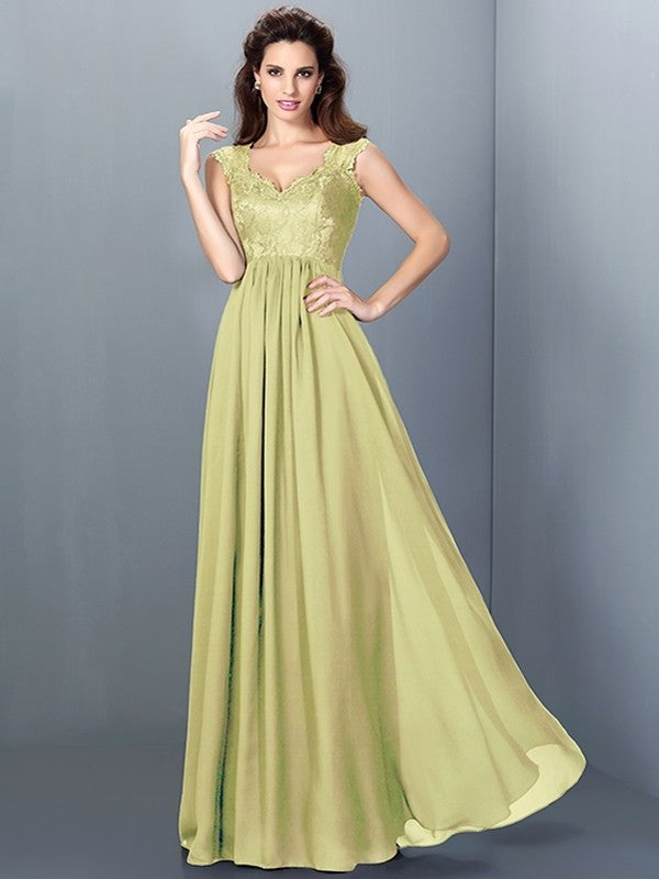 Scoop Long A-Line/Princess Lace Sleeveless Chiffon Bridesmaid Dresses