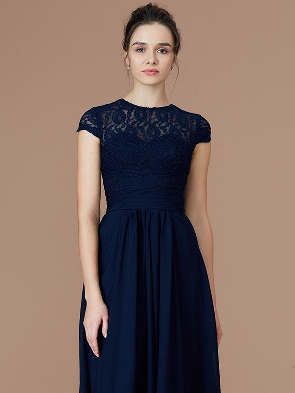 Floor-Length Sleeves Lace A-Line/Princess Short Jewel Chiffon Bridesmaid Dresses