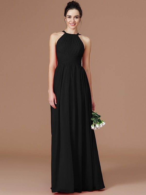 A-Line/Princess Floor-Length Ruched Sleeveless Halter Chiffon Bridesmaid Dresses