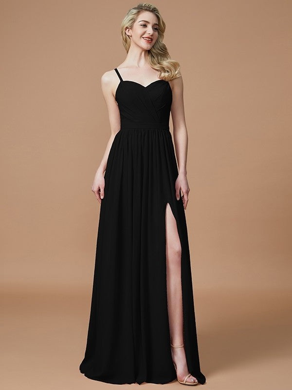 A-Line/Princess Ruched Spaghetti Sleeveless Floor-Length Straps Chiffon Bridesmaid Dresses