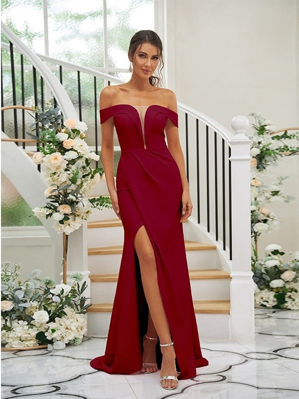 Sweep/Brush Crepe Sleeveless Sheath/Column Off-the-Shoulder Ruched Stretch Train Bridesmaid Dresses