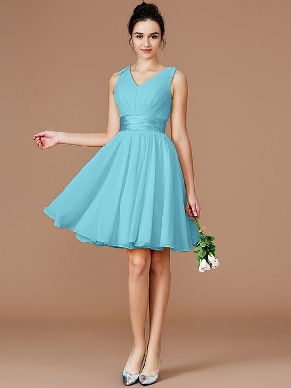 A-Line/Princess Sash/Ribbon/Belt Short/Mini Sleeveless V-neck Chiffon Bridesmaid Dresses