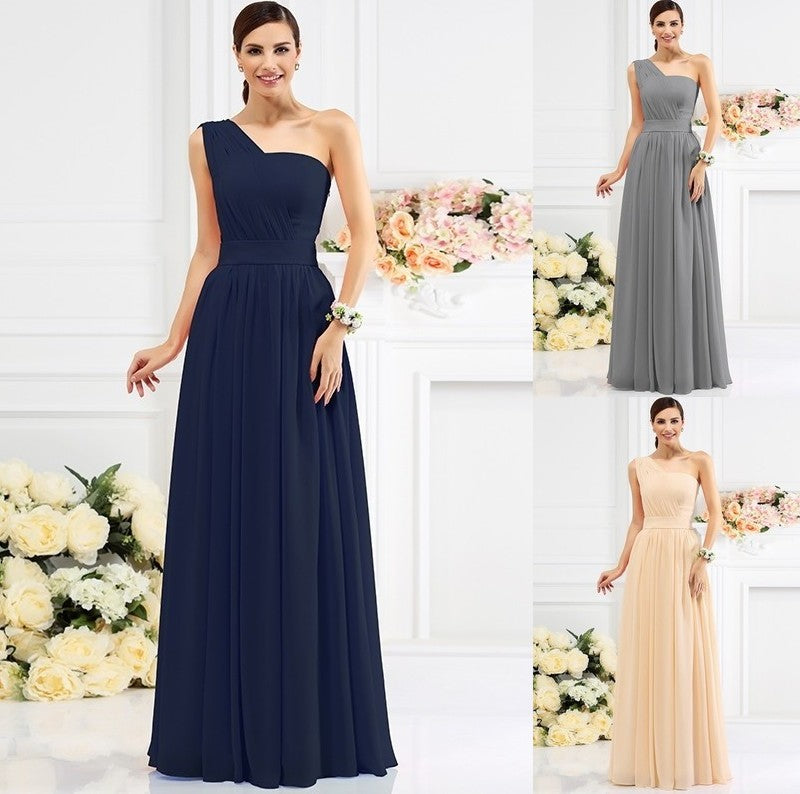 One-Shoulder Pleats A-Line/Princess Long Sleeveless Chiffon Bridesmaid Dresses