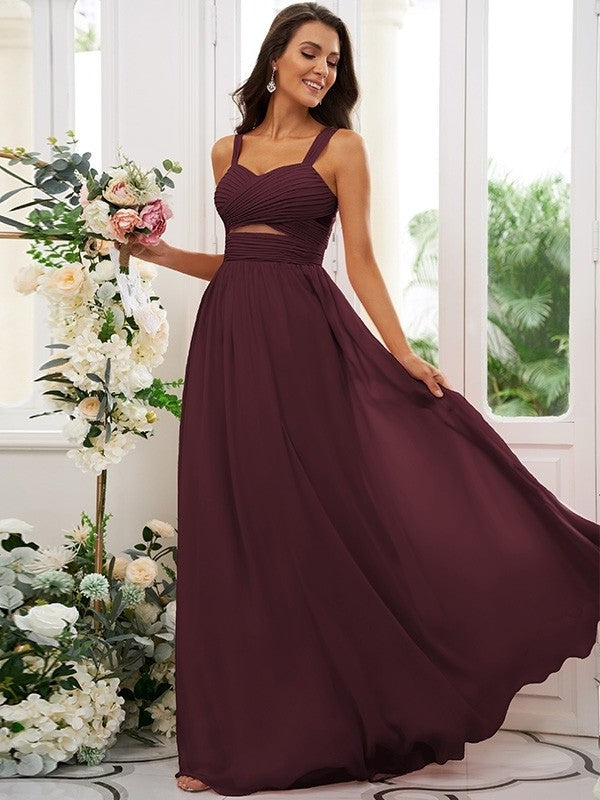 A-Line/Princess Sleeveless Straps Chiffon Ruched Floor-Length Bridesmaid Dresses