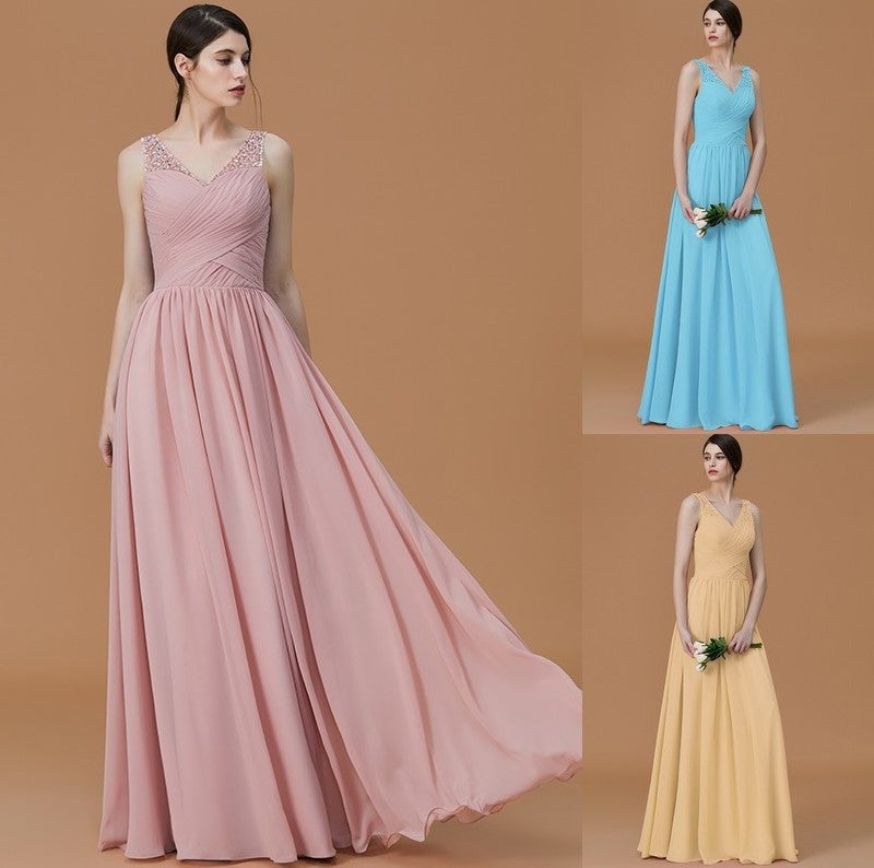 Floor-Length V-neck A-Line/Princess Sleeveless Beading Chiffon Bridesmaid Dresses