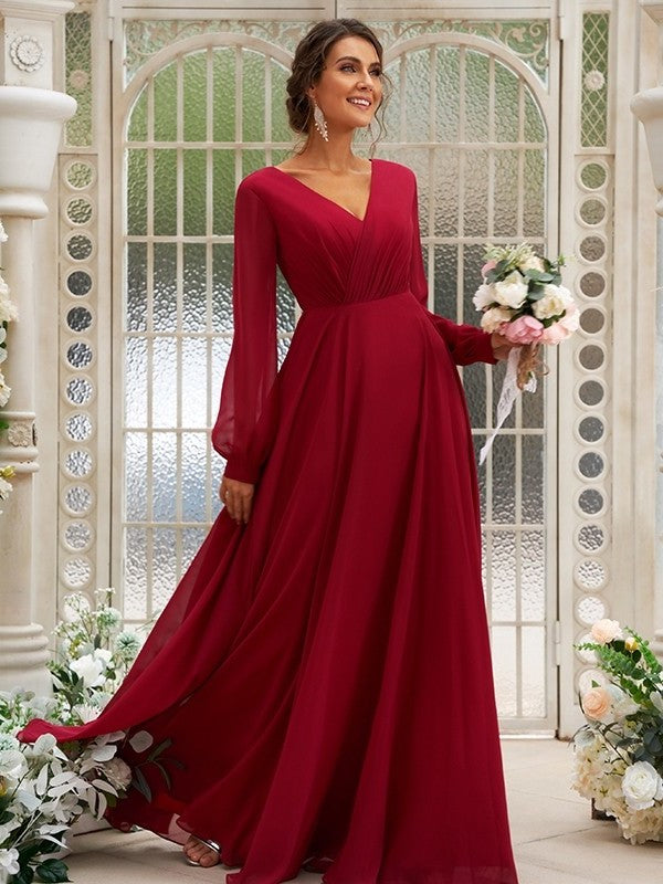 Chiffon Ruched Long V-neck Sleeves A-Line/Princess Floor-Length Bridesmaid Dresses