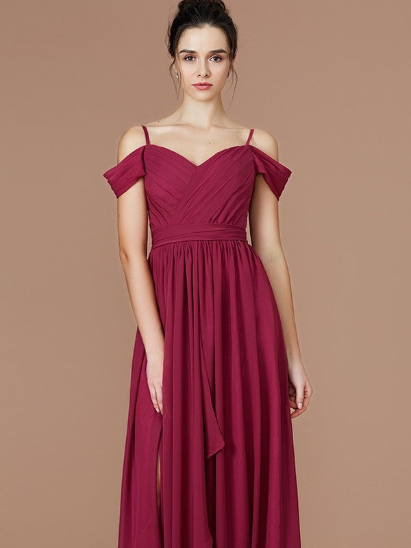 A-Line/Princess Ruched Off-the-Shoulder Sleeveless Floor-Length Chiffon Bridesmaid Dresses