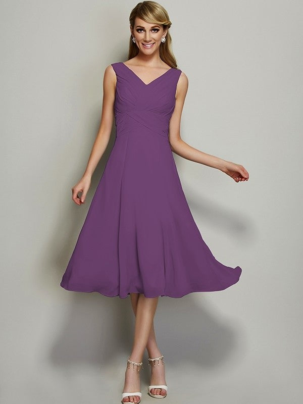 Pleats Short A-Line/Princess Sleeveless V-neck Chiffon Bridesmaid Dresses